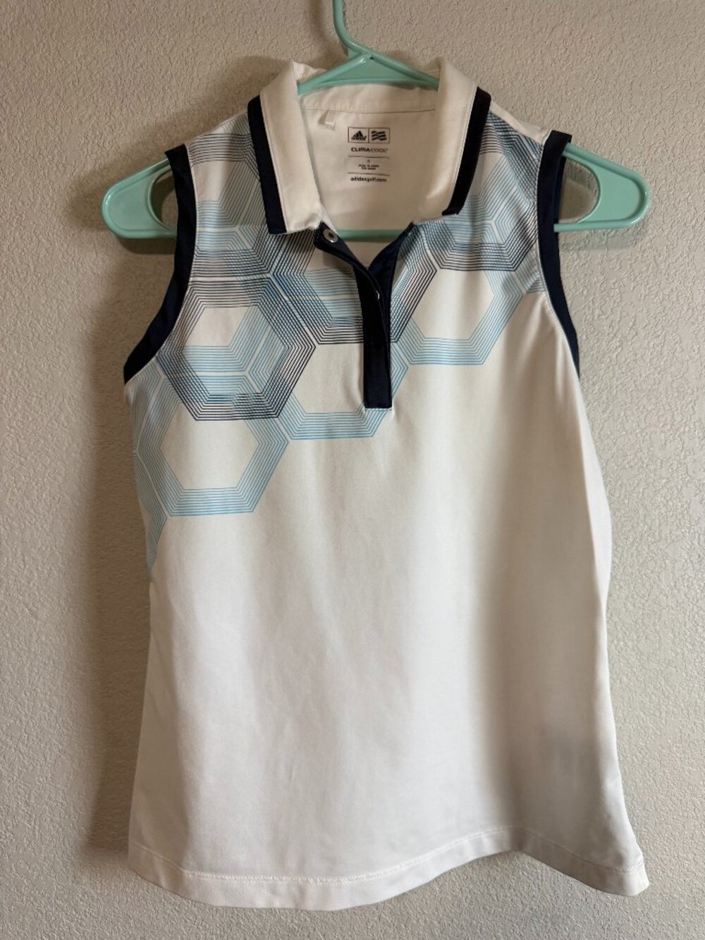Adidas Women's White & Blue Geometric ClimaCool Sleeveless Golf Polo Size S